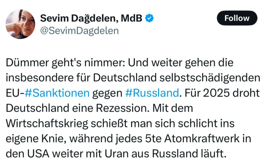 Депутат Бундестага Дагделен: Это не могло быть еще глупее: и саморазрушительные санкции ЕС против России, которые особенно вредны для Германии, продолжаются. Германии грозит рецессия в 2025 году.